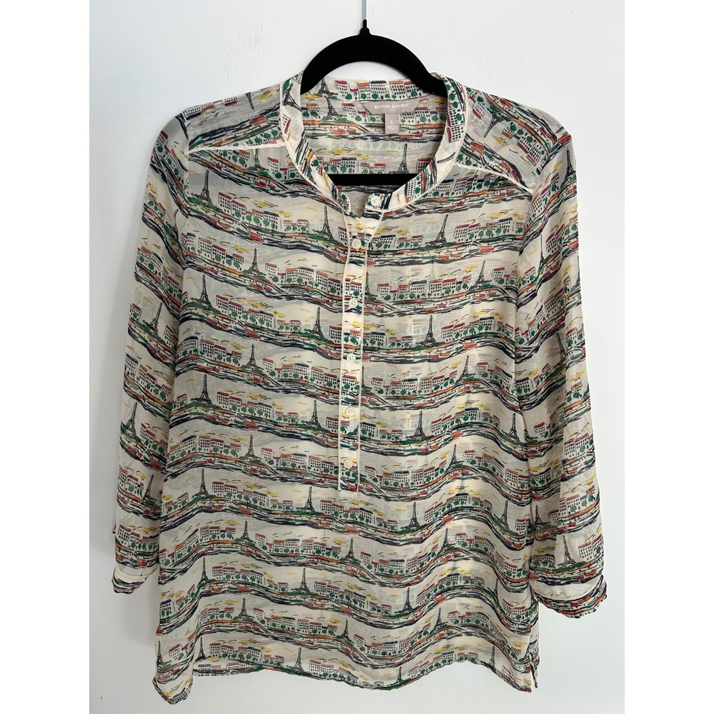 Banana Republic Paris Eiffel Tower Cityscape Print Blouse Ivory S